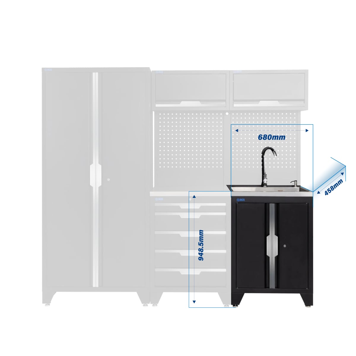 SGS 7pc Modular Garage Storage | 5 Drawers | Stainless Steel Worktop | Sink Unit | 2x Upper Cabinets | Tall Double Cabinet